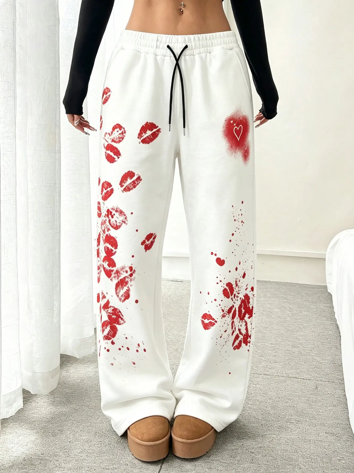 TikTok Viral Unisex Red Lip Print Wide Leg Sweatpants High Waist Drawstring Elastic Waist Joggers Loose Fit Streetwear Pants with Heart & Splatter Graphic Y2K Aesthetic Casual Pants for Men Women Daily Party