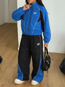 Vintage Style Sportswear Set, Stand Collar Jacket & Pants Combo, Blue Block, Casual Fit, Spring Fall, Unisex