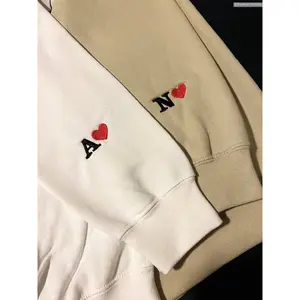 Custom Embroidered Initial Heart Valentine Sweater Hoodie T-Shirt, Personalized Initial on Sleeve Matching Couple Love Gift Sweatshirt , Global Trending Outfits