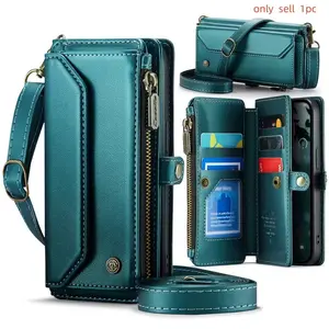 For iPhone 17e 16e Crossbody Wallet Case RFID Blocking PU Leather Magnetic Flip Cover 7 Card Holder Zipper Pocket Shoulder Strap