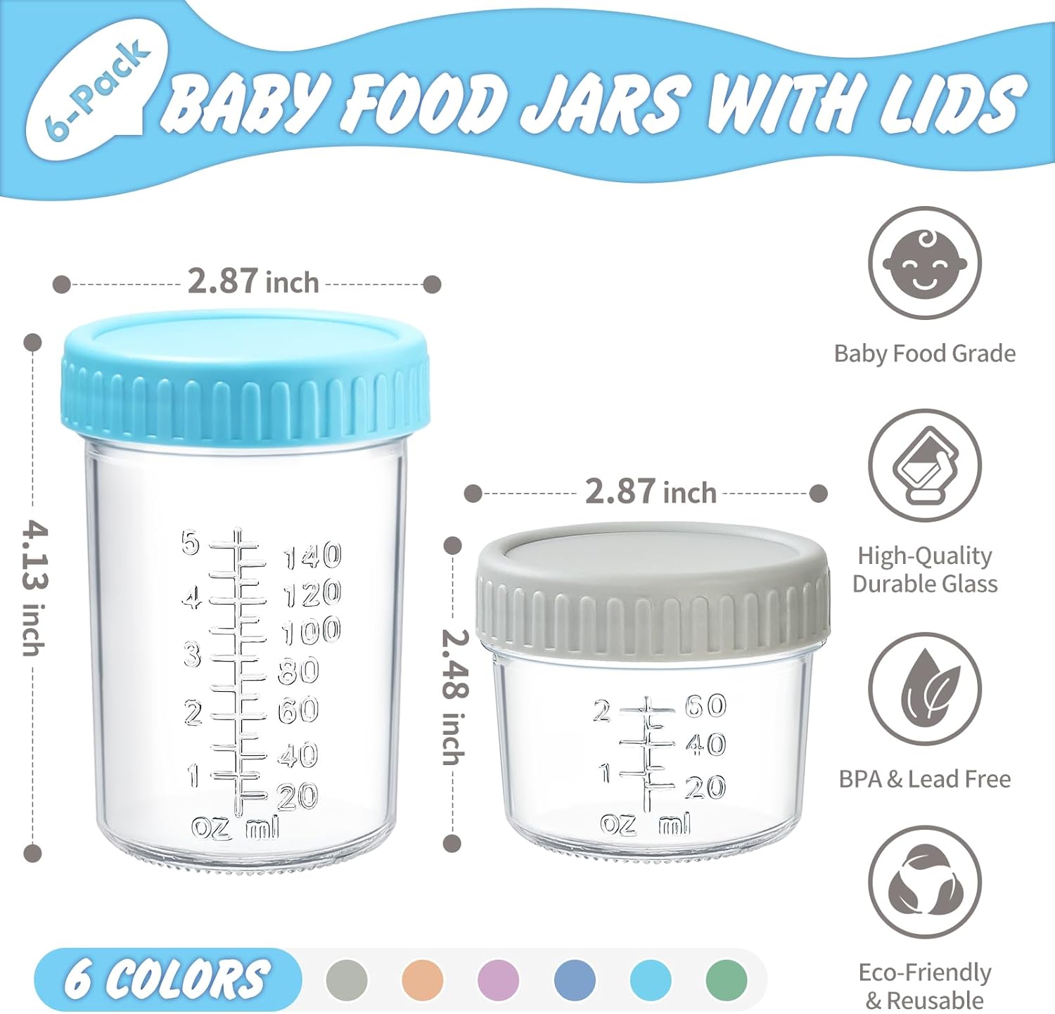 6 Pack 4oz Glass Baby Food Storage Containers with Lids, Leakproof BPA Free Baby Food Jars, Microwave Dishwasher Freezer Safe, Reusable