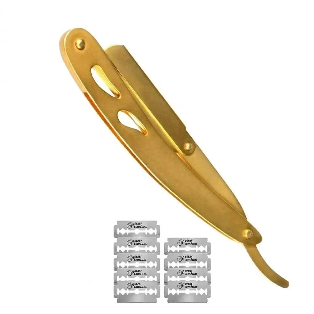 Gold Straight Razor Stainless Steel with 10 blades Single Edge Barber Shaving Razor for Men Professional Cut Throat Reusable Razor for Beard Shaper