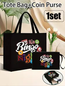 Bingo Night women's handbag and wallet set, fabric construction, hand washable, open top, lined, casual shoulder bag, holiday-style letter design handbag