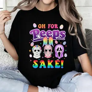 100 Percent Cotton Halloween Easter Mashup T-Shirt Oh For Peeps Sake With Horror Icons And Rainbow Colors Perfect For Spring Fright Festivals And Easter Celebrations Ideal Gift For Horror Fans And Easter Enthusiasts