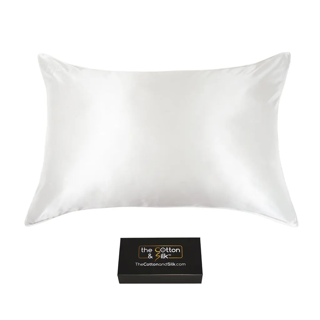 [Outlets] Queen/Standard 100% 6A+ 22 Momme Mulberry Silk Pillowcase, Zippered with White Piping - White