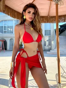 Fashion Sexy Solid Color 3 Piece Triangle Halter Tie Side Bikini Swimsuit and Beach Skirt Set, Women's Summer Swimwear, Casual Beachwear, Triangle Bikini Top, Ruched Bikini Bottoms