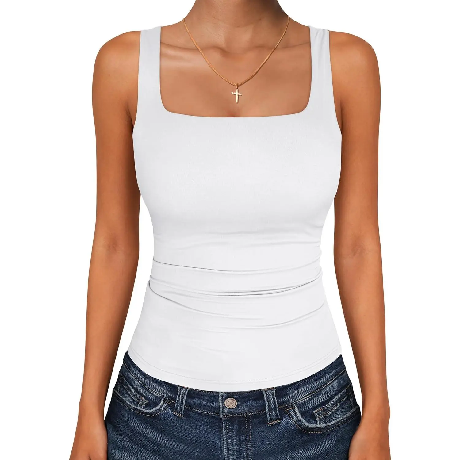 ANRABESS Tank Top for Women Summer 2026 Double Lined Sleeveless Square Neck Basic Tight Workout Tee Casual Shirts