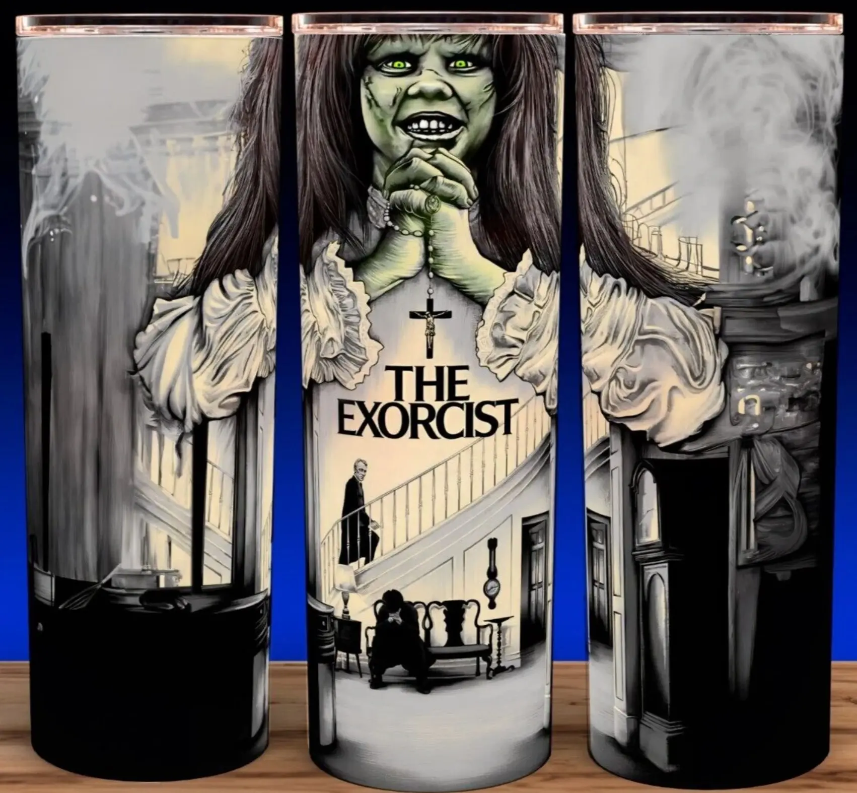 20oz Stainless Steel Mug - Classic The Exorcist 70s Horror Movie Print, Handcrafted Durable Heat Resistant Reusable Drinkware, Slide Closure Lid, Straw, Unique Gift for Horror Movie Enthusiasts, Novelty Kitchenware