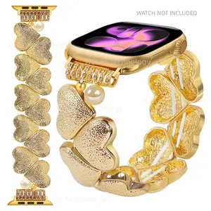 Metal Heart Strap Compatible with Apple Watch Series 11/10/46/42mm, Ultra 2 49mm, Se/se2/6/5/4 40/41/42mm, Women's Fashion Elastic Band, Smart Watch Straps