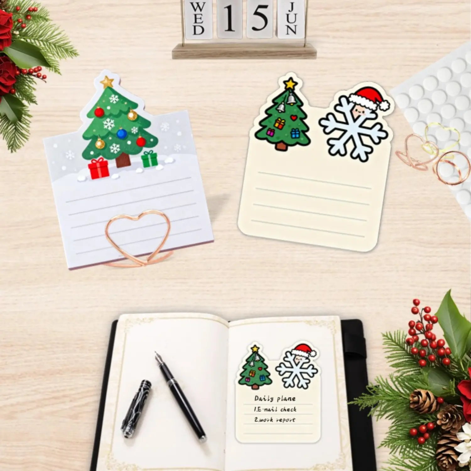 YOOMA Christmas Tree & Snowflake Sticky Notes Set for Jotting Down Tasks, Notes, Schedules,100-Pack with100pcs Stickers+3pcs Mental Note Card Clip, Notepads,  Adorable Shapd Sticky Notes - Perfect for Organizing Tasks