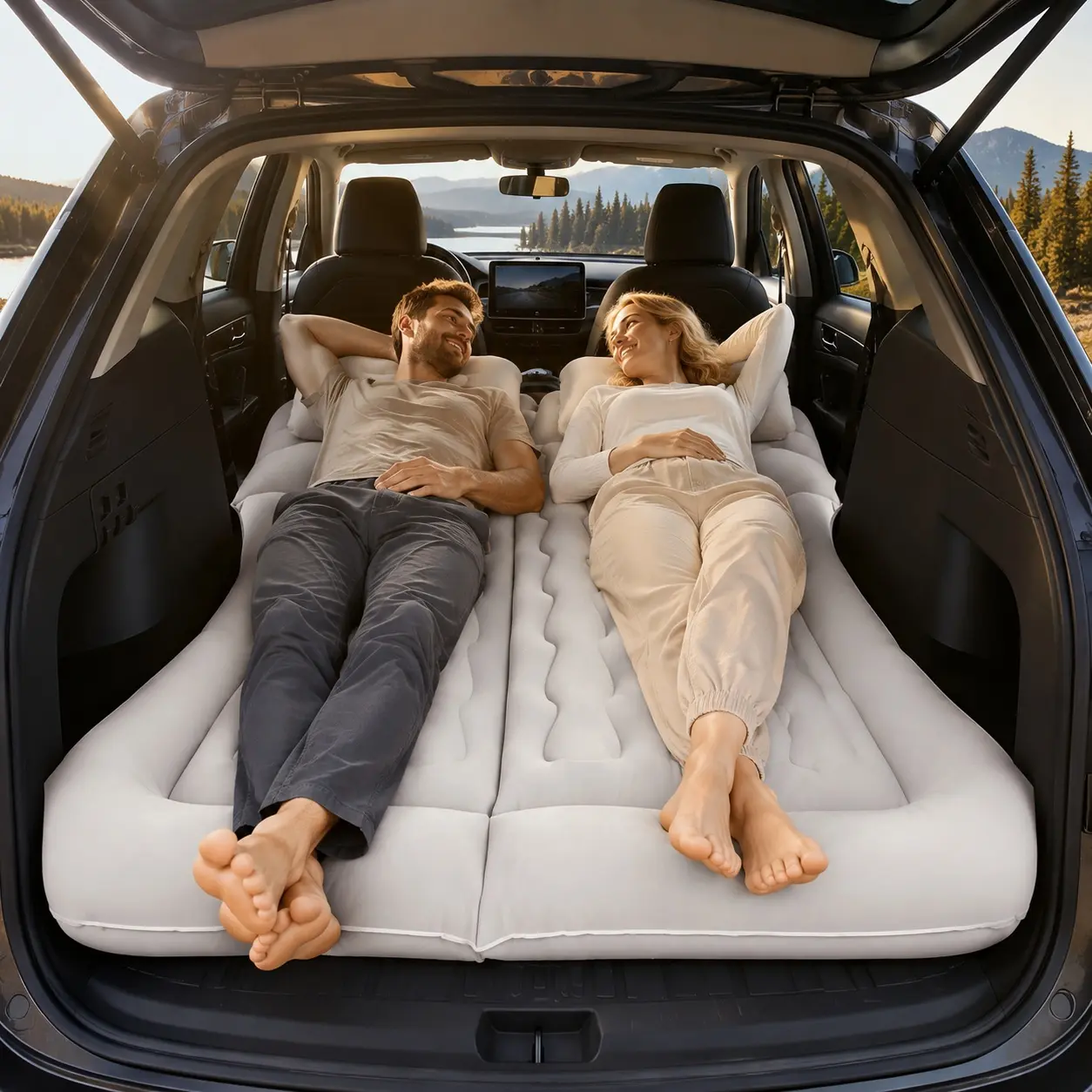 SUV Air Mattress with Car Air Pump, Inflatable Car Bed for Camping & Travel, Comfortable Portable Sleeping Mattress for SUV, Truck & Back Seat, Soft Flocked Surface, Quick Inflation Design for Road Trips