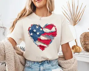 USA Faux Patchwork Shirt - 4th Faux Patchwork Heart Oversized Casual Unisex T-Shirt for Women - 100% Cotton Jersey