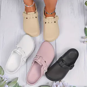 Women's Solid Color Clogs, Casual Buckle Strap Design Flat Shoes, Comfortable Slip On Shoes