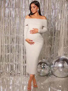 ADORIA Off Collarbone Foldover Front Solid Hue Pregnancy Frock Extended Cuff Minimalist Style