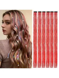 6-Pack 22-Inch Laser Hair Extensions, Colorful Ribbon Shiny Hair Pieces, Card-Style Laser Ear-Hanging Hair Extensions, All Seasons