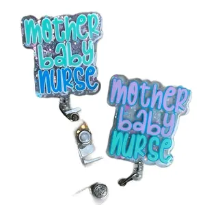 Sparkly Mother-Baby Postpartum Nurse Retractable Badge Reel - L&D badge clip - Labor and Delivery ID Badge Holder - OB glitter badge reel