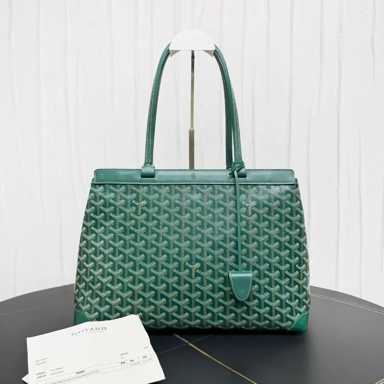 Pre-owned Goyard Saigon tote, green Goyardine, structured work tote, large capacity daily bag, luxury canvas tote