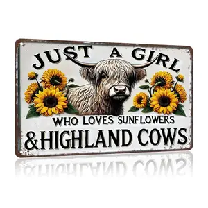 "Just a Girl Who Loves Sunflowers & Highland Cows" Vintage Aluminum Sign - 12x8" - Farmhouse/Home Decor - Easy Hanging Country Gift Lightweight Kitchen Mount