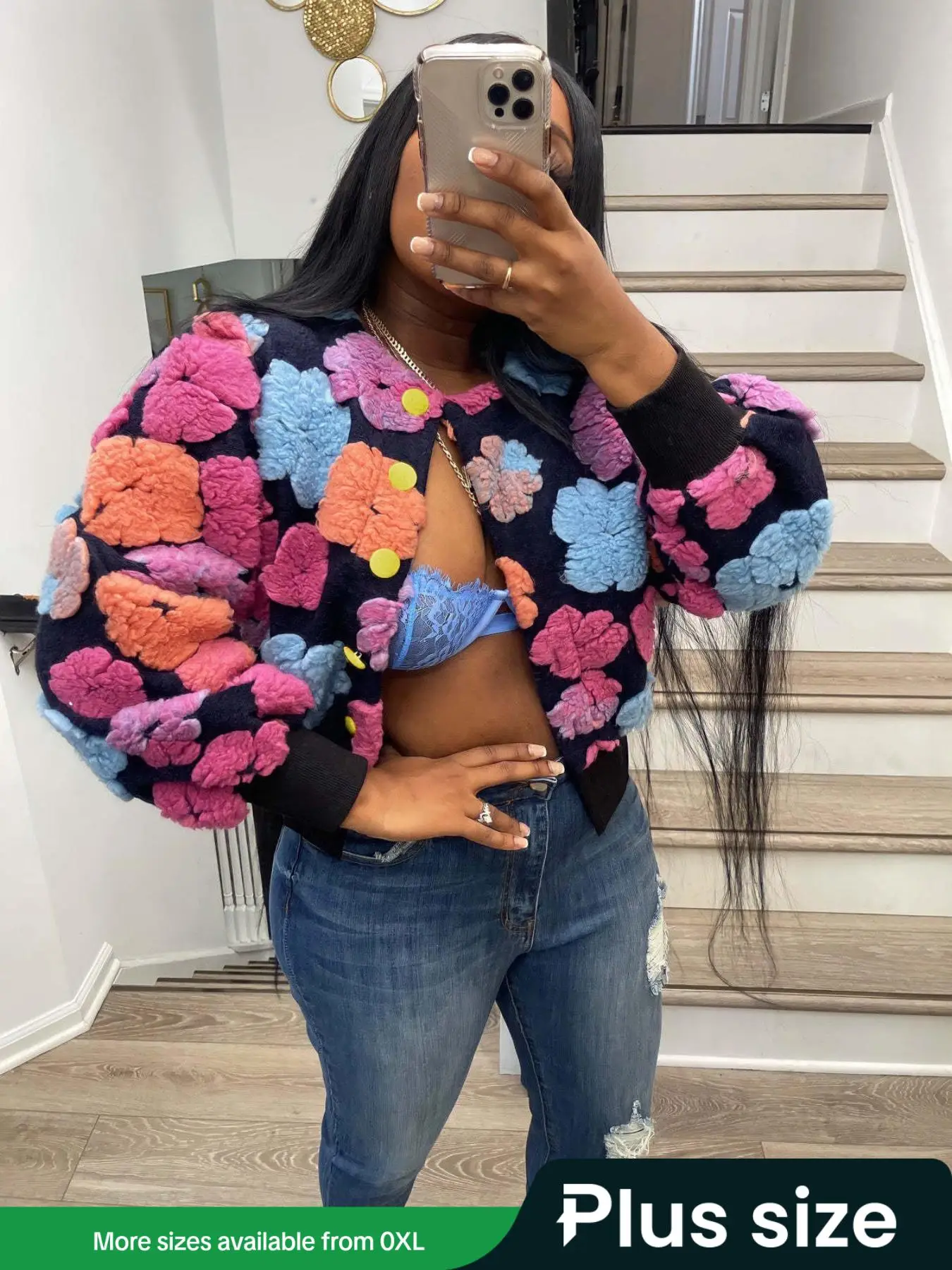 【Plus Size】 Floral Print Button Front Crop Jacket, Casual Long Sleeve Open Front Outerwear for Fall & Winter, Coat, Women's Clothes for Daily Wear, Cl