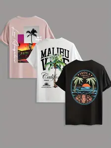 3-Pack Plus Size Men's California Beach Print T-Shirt Set, Summer Street Style, Three Colors, Los Angeles/malibu Palm Tree Print, Casual Vacation Top