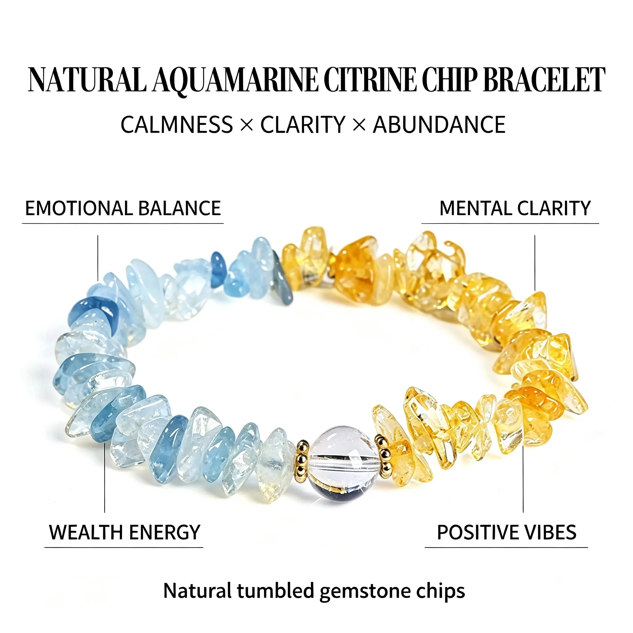 Natural Aquamarine & Citrine Crystal Chip Bracelet – Gentle Healing Energy for Meditation & Daily Life, 5-8mm