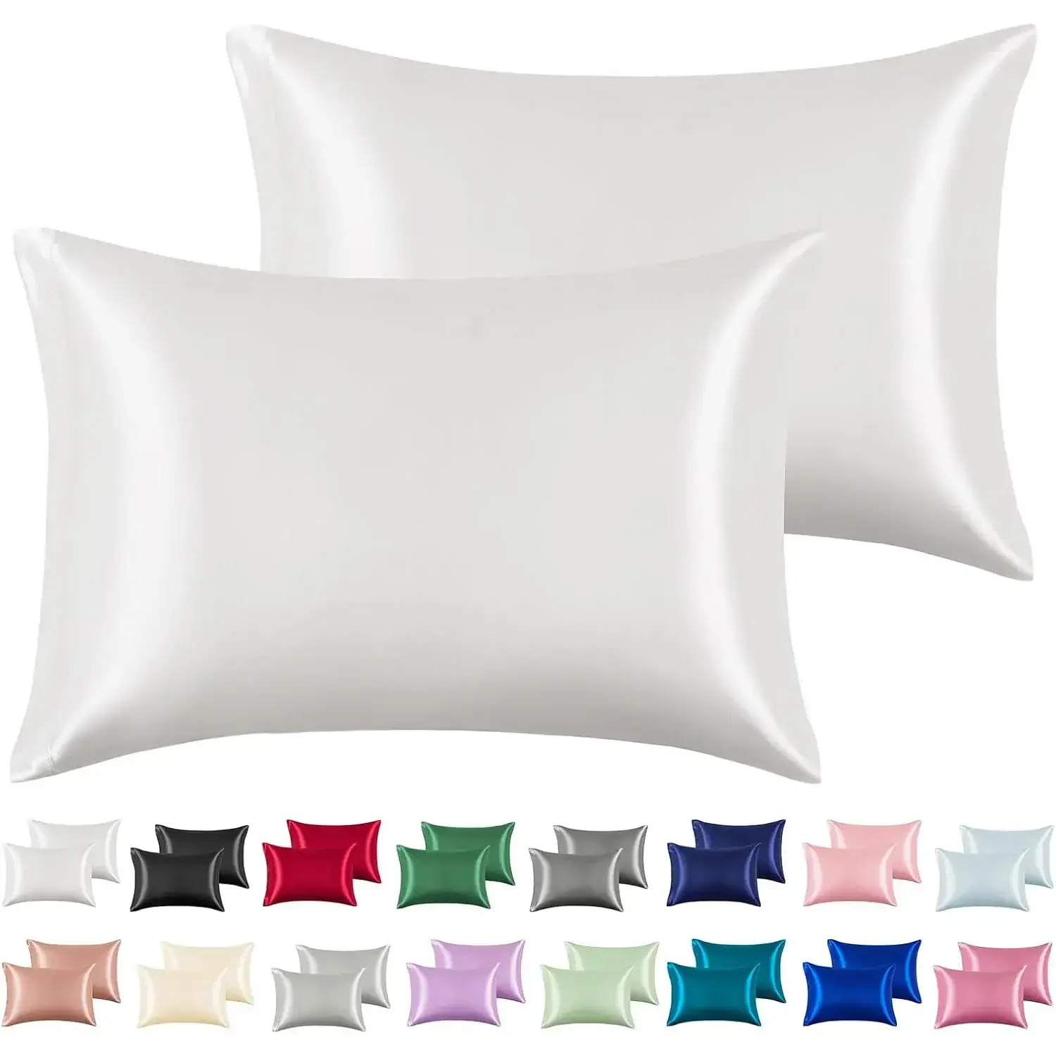 Silky Satin Bedding Pillowcases, 2-Pack Standard Size (20x26 in) White Cooling Soft Pillowcases for Hair and Skin, Envelope Closure, Gift for Women
