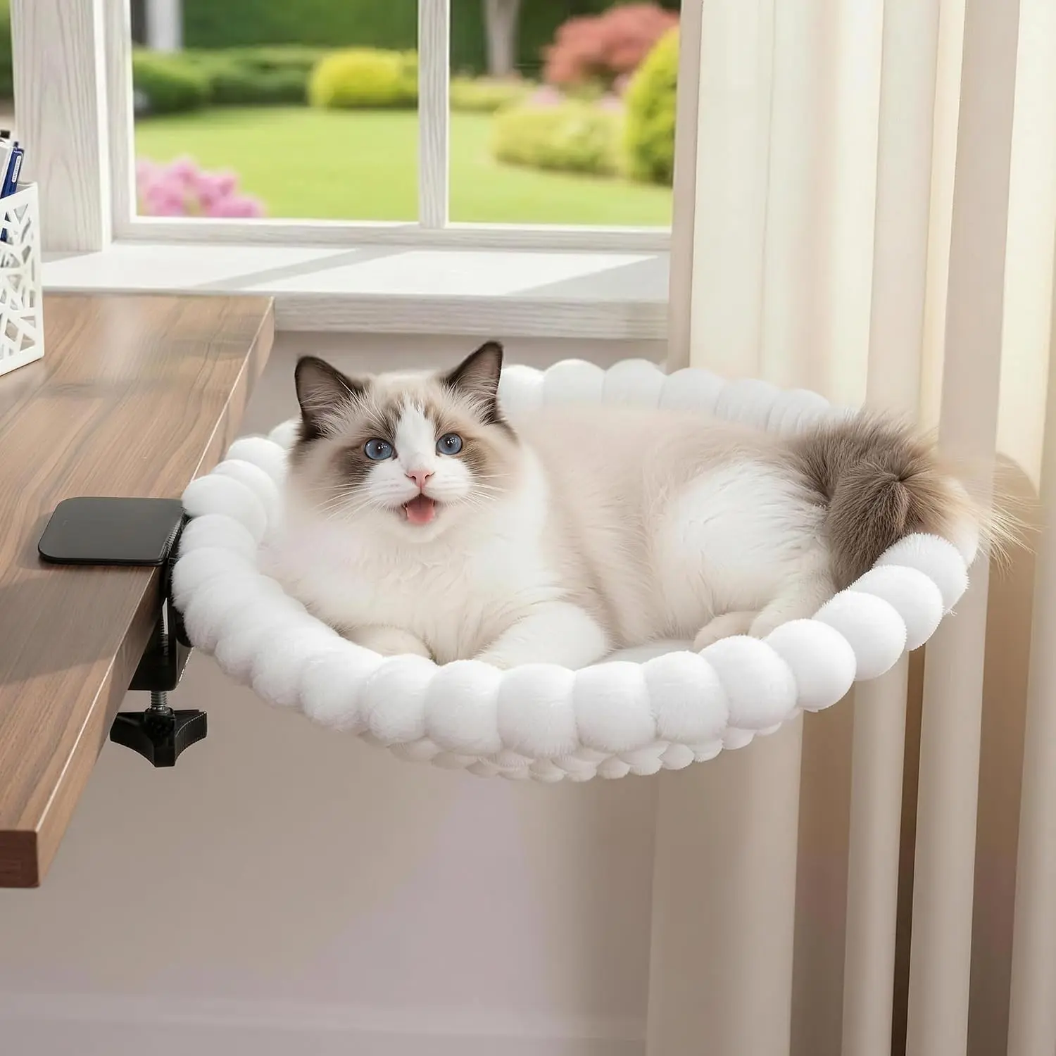 Cat Desk Bed - Cat Hammock for Desk with Faux Rabbit Fur, 180° Folding Space-Saving, Dual-Sided Reversible for All Seasons, Removable & Washable, Holds Up to 40 lbs for Home Office Desks