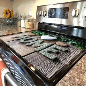 1pc "HOME" Letter and Heart Pattern Non-Slip Stove Mat - Heat-Resistant Polyester Kitchen Counter Protector with Rustic Wood Grain and Green Plant Accents, Decorative Kitchen Accessory with Anti-Slip Backing, Stovetop Protector