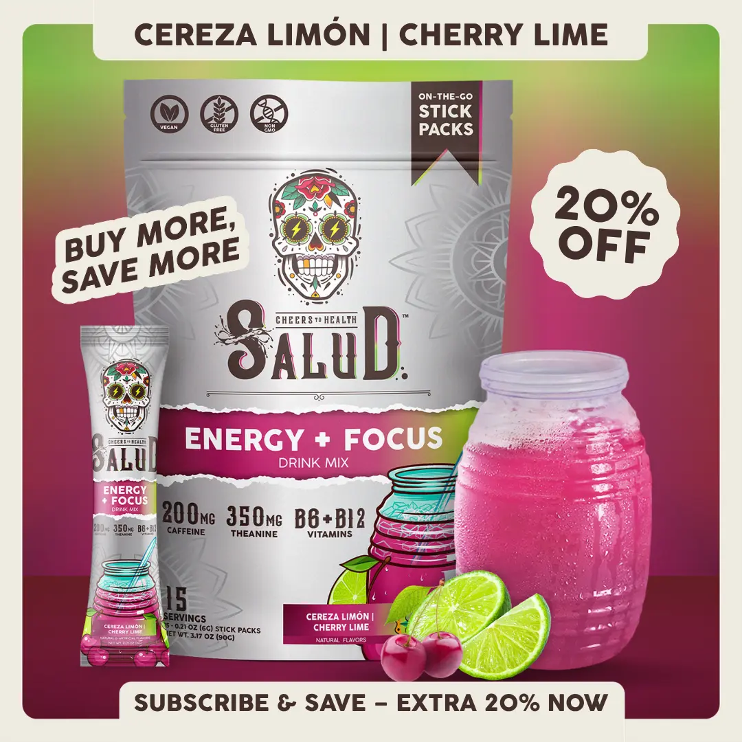 Salud 2-in-1 [Energy + Focus - Cherry Lime] Clean Energy Drink Mix, Agua Fresca, Organic Caffeine, B6 & B12, L-Theanine, Drink Packets, Non-GMO, Gluten Free, Vegan, Low Calorie, 1g Sugar (15 Servings)