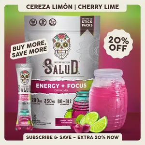 Salud 2-in-1 [Energy + Focus – Cherry Lime] Clean Energy Drink Mix, Agua Fresca, Organic Caffeine, B6 & B12, L-Theanine, Drink Packets, Non-GMO, Gluten Free, Vegan, Low Calorie, 1g Sugar (15 Servings)