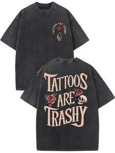 American Vintage Tattoo Slogan Round Neck T-Shirt, Gothic Font Graphic Rose Skull Print, Unisex Loose Casual Fit, Breathable Fabric