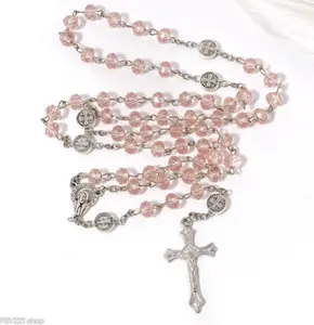 Rosary Beads Cross Necklace for Women Pink Clear Crystal Prayer Chain Vintage Y2K Stylish Religious Pendant Jewelry for Daily Layering Wear