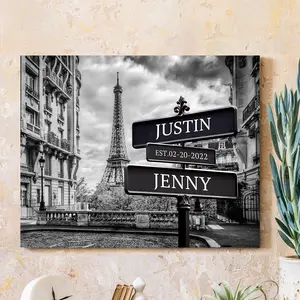 Couple's Name and Date on Street Sign,Eiffel Tower personalized Canvas Prints Love Gift for Anniversary,Wedding,Birthday and Holidays