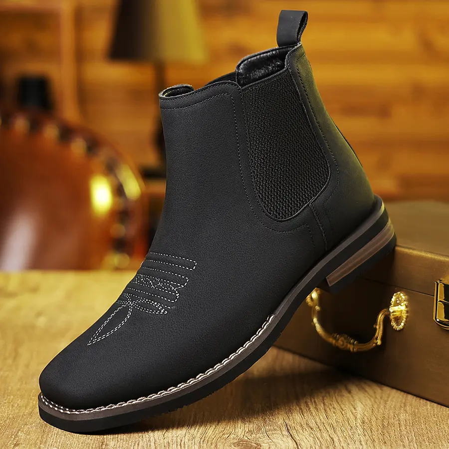 CYUW Men's Black Embroidered Western Chelsea Ankle Boots - Square Toe Slip-On with Non-Slip Sole for Work & Office, Shoe, Embroidery Ankle Boot, Men's Shoes