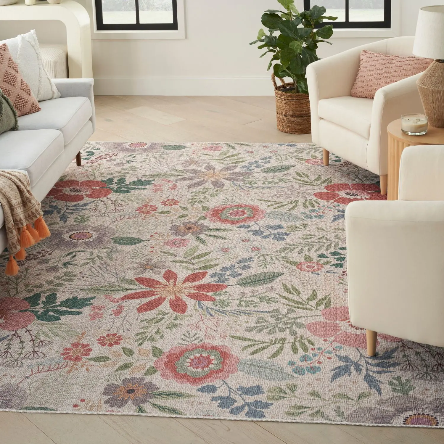 Nourison Washables Farmhouse Floral Indoor Non-Skid Flatweave Indoor Rug