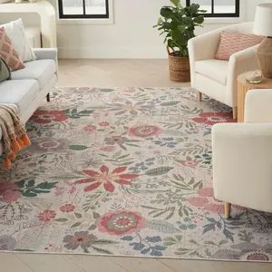 Nourison Machine Washable Farmhouse Floral Rug, Non-Skid Flatweave Home Decor Decorative Mat for Indoor Use, Machine Washable Rug, Home Decor Rug