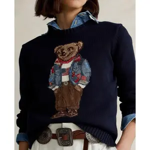 Women's Embroidered Autumn Winter New Bear Round Neck Cotton Loose Versatile Knit Sweater