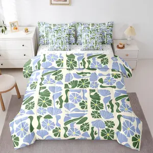 Mid Century Modern Comforter Set with Sheets Abstract Geometric Boho Floral 7 Piece Bedding Set,Cute Blue and Green Plants Patchwork Bed in A Bag Vintage Aesthetic Geometric Bed Set