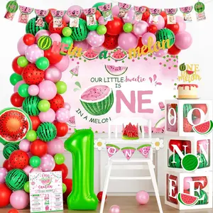 One in a melon party decorations watermelon 1st birthday party decorations balloon garland highchair photo banner box crown poster one little sweetie is one in a melon pink green red