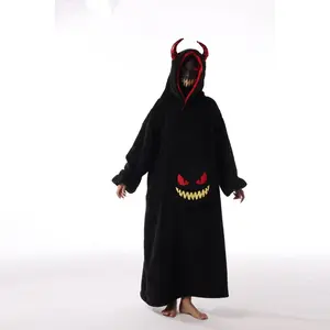 1pc Demon Hooded Lazy Sleep Robe, Thickened Double-Faced Fleece, Cozy Loungewear for Autumn Winter, Perfect for Home Movie Watching