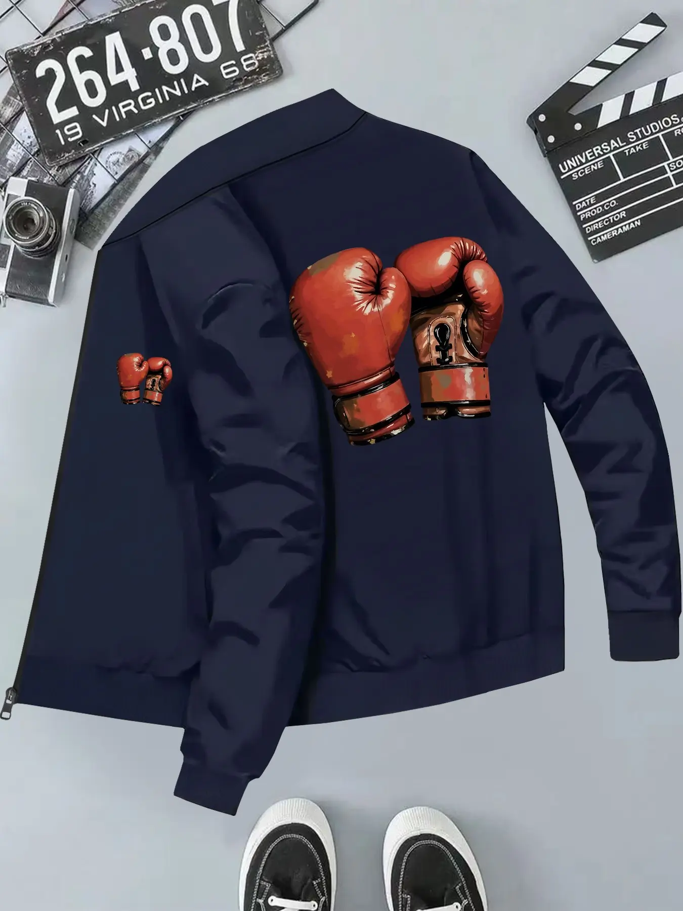 Unique Boxing Gloves Pattern Sports Top, Casual Long Sleeve Jacket, Slim-Fitting Geometric Design, All Seasons Wear