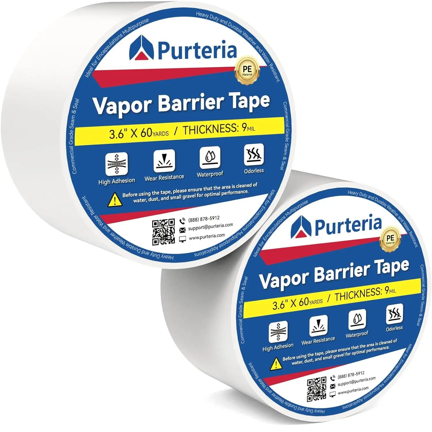 Vapor Barrier Tape, 9 Mil 3.6" x180', 2 Roll | White Polyethylene Tape for Crawl Space & Moisture Barrier, Waterproof Seam Tape for Underlayment, Insulation & Plastic Liner