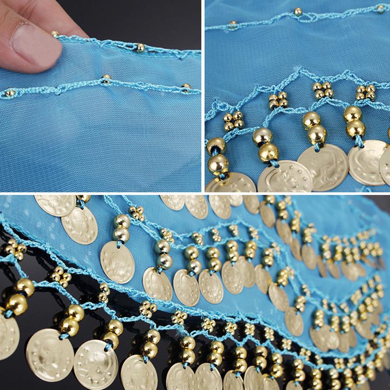 Women 3 Rows 128 Gold Coins Belly Dance Costume Hip Scarf Skirt Belt Wrap Waist Chain