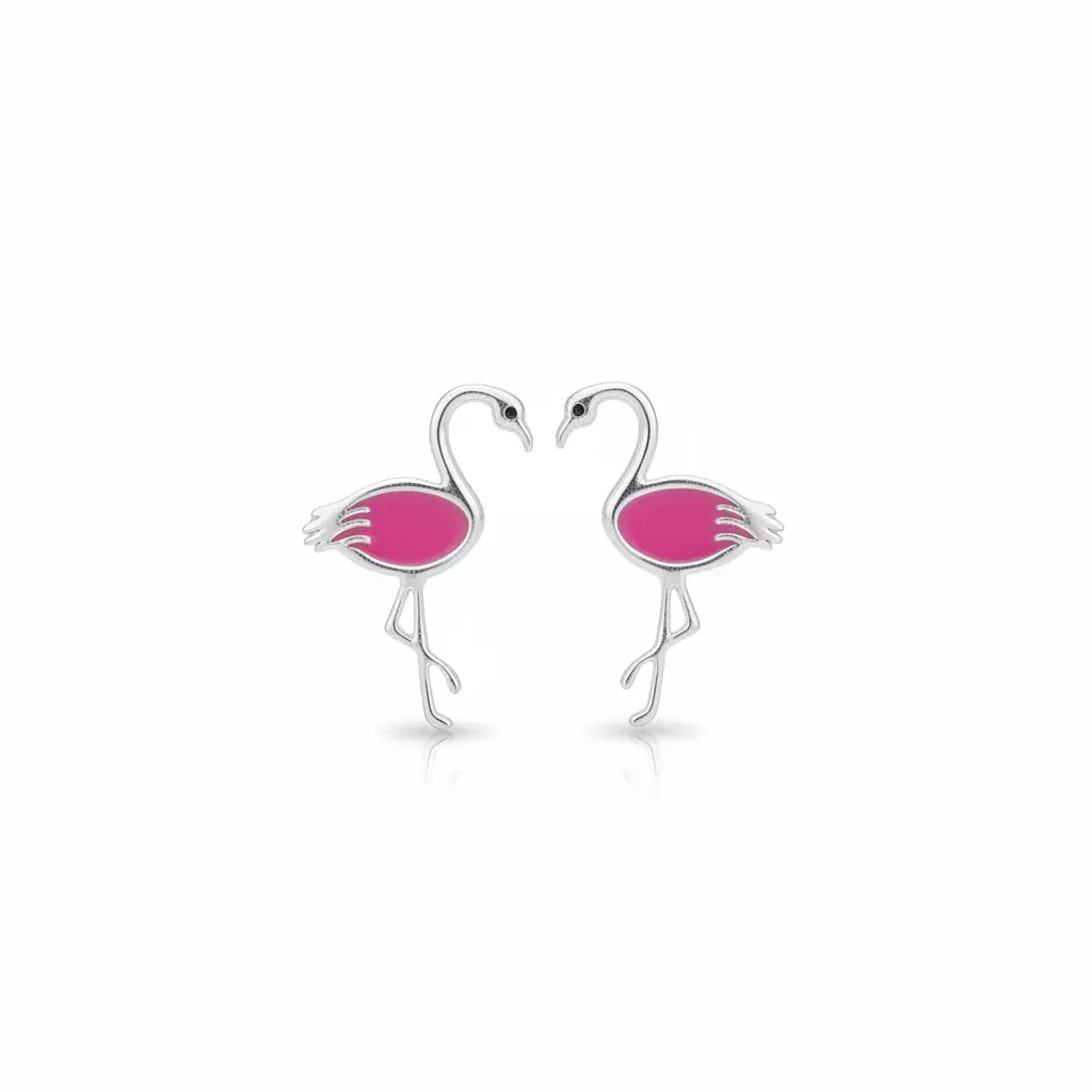 Pink Enamel Flamingo Stud Earrings 925 Sterling Silver 12.5mm