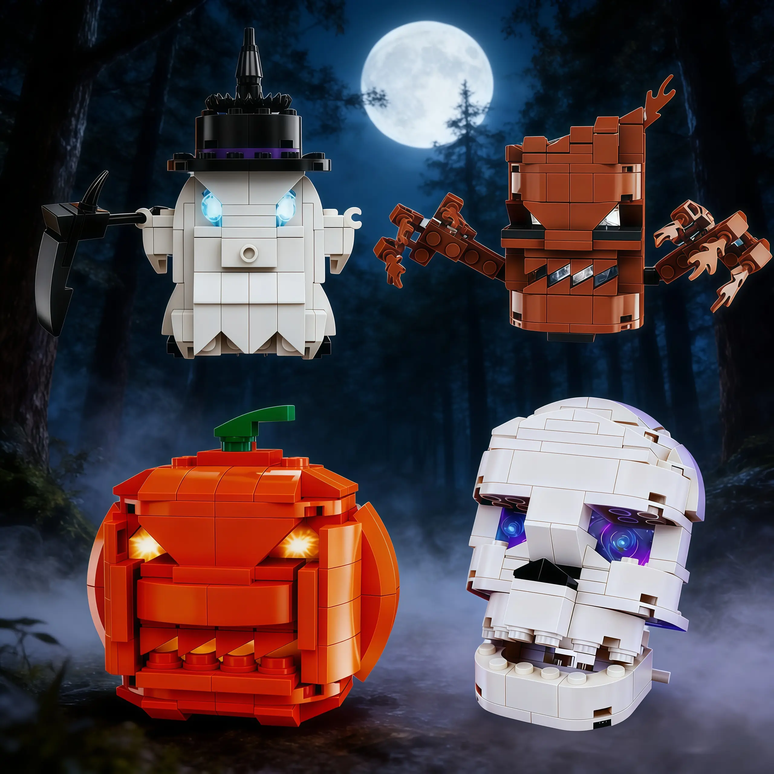 4PCS Light-Up Building Blocks, Easter Gifts for Kids & Adults - Specter/Pumpkin Head/Skull/Tree Monster DIY Assembly Toys, Glowing Desktop Decor for Easter Basket Stuffers summerwins