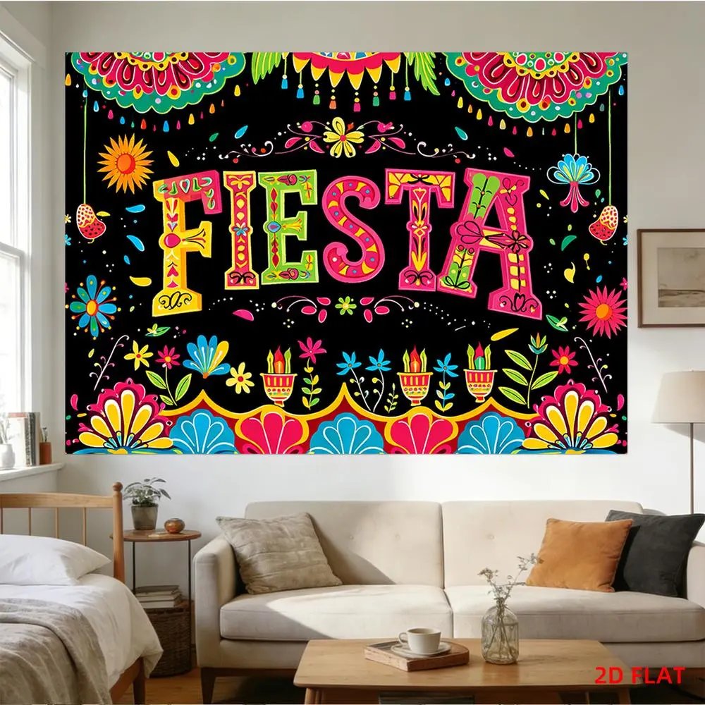 2D Flat Banner Polyester Photography Backdrop - HD Digitally Printed Black Cloth with Colorful Fiesta Theme, Vibrant Floral Prints, Soft, Lightweight, Foldable, Machine Wash, All Seasons Decor for Parties, Birthdays