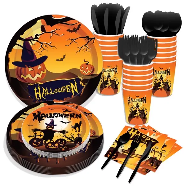 Halloween Pumpkin Dinner Plates Party Plates and Napkins, Birthday Disposable Tableware Party Supplies