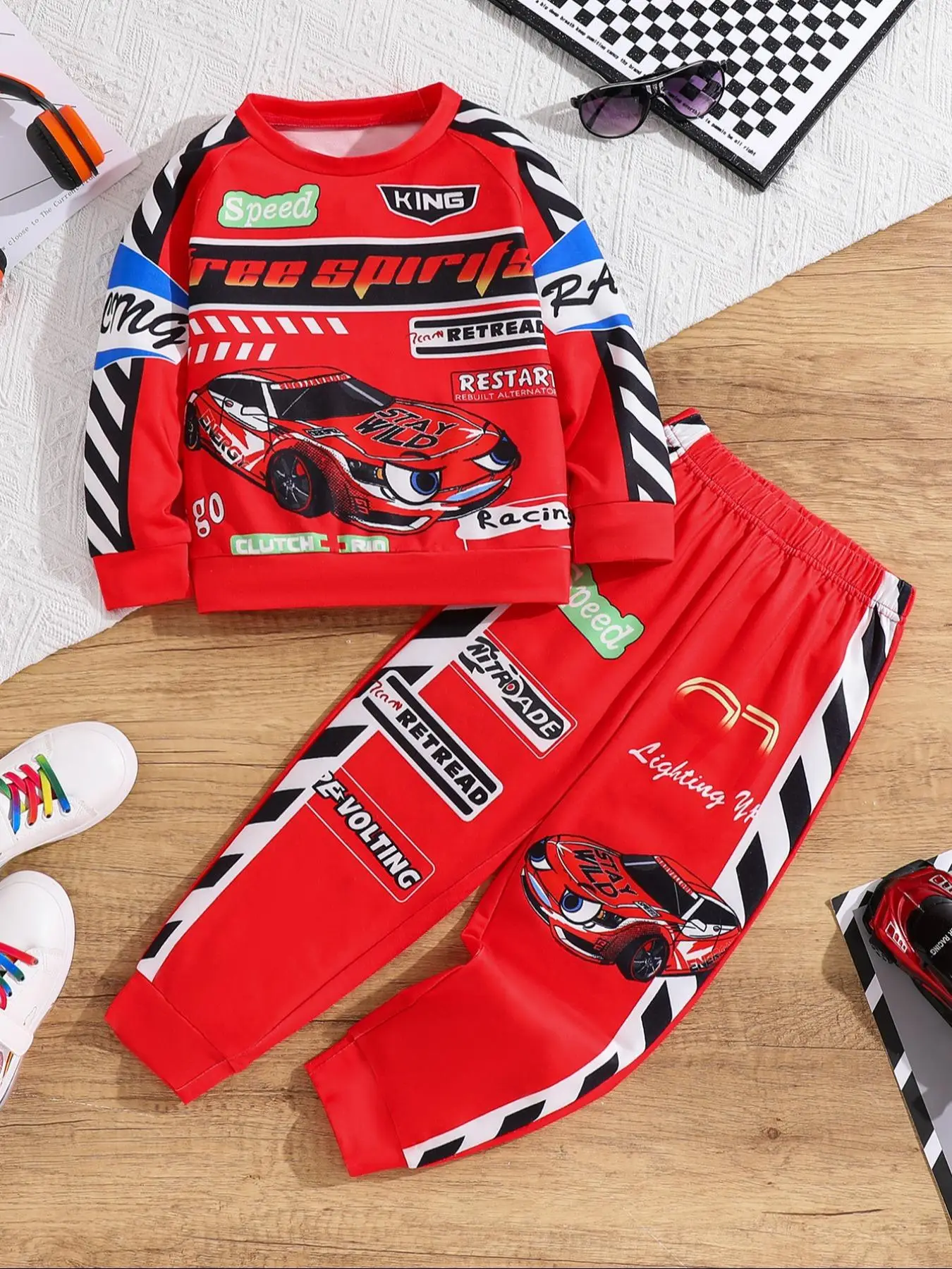 Two-Piece Set Boy's Car Graphic Sweatshirt & Elastic Waist Pants Set, Casual Round Neck Long Sleeve Pullover & Trousers for Spring & Fall, Kids Clothe