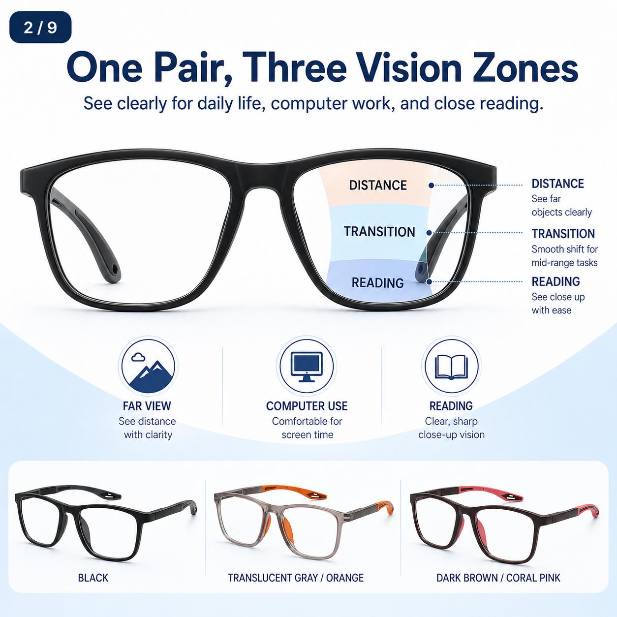 ViewSelect Blue Light Blocking Progressive Reading Glasses with Spring Hinge - HD Anti-Fatigue Computer Readers for Men & Women (Black, Orange, Clear)