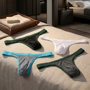 Men's Sexy Breathable Mesh G-String Thong Underwear with Bulge Pouch - Tagless Comfortable Low Rise Briefs 4 Pack Multi Color Assortment for Daily Wear, Gym, Sports, and Intimate Apparel